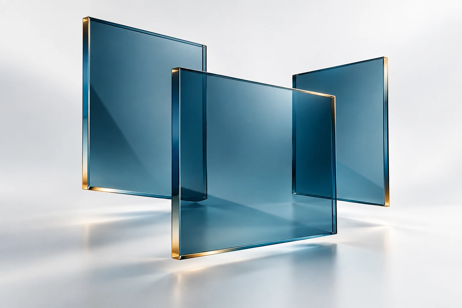 Blue and gold glass panels representing connected creative disciplines